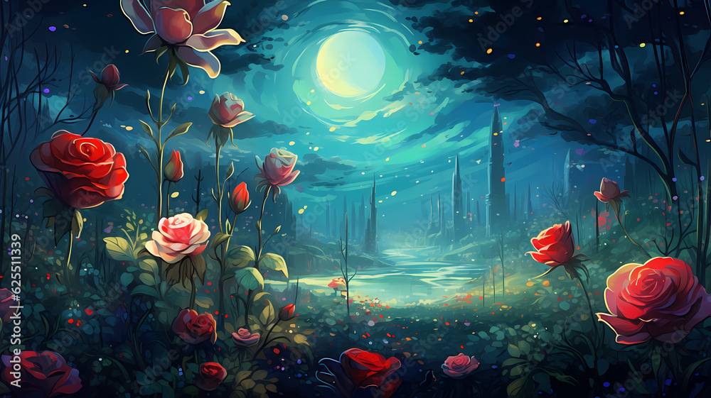 hand drawn cartoon beautiful illustration of roses in the flowers under the starry sky
