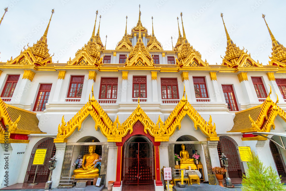 Golden metal castle illuminated, Wat Ratchanatdaram Woravihara, Loha Prasat temple at Bangkok city