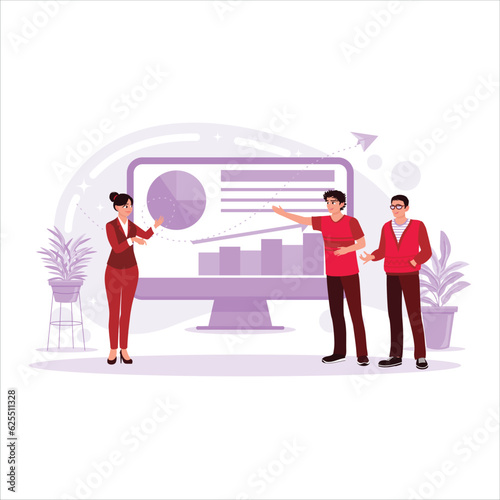 Company manager having a business meeting. Explain growth analysis, charts, statistics, and diagrams to employees. Trend Modern vector flat illustration.