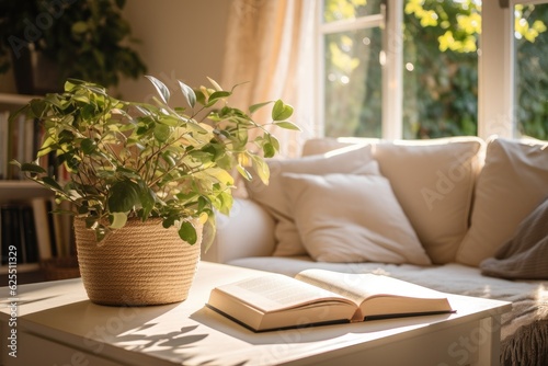 A white book with a hard cover is displayed in a cozy living room that is filled with warm and inviting natural light. The room is adorned with artificial houseplants and decorations.