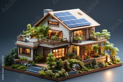 3d model, layout of an eco-friendly, energy-efficient house. Energy Efficient House. Renewable energy concept. Selective focus. Generative AI technology.