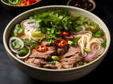 Pho Noodles Menu. Vietnamese noodle bowl with beef, Top view pho noodles menu, A Taste of Vietnam: Delve into the Heartwarming Bowl of Pho Noodles, a Vietnamese Classic. | Generative AI
