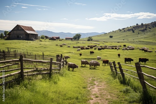 Rural Farm With Livestock Grazing In A Vast Green Field  Generative AI
