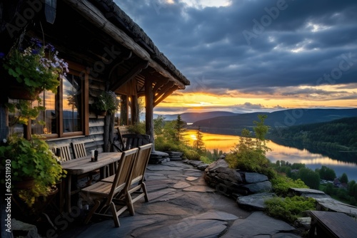 A typical Norwegian wooden summer house (known as a Hytte) featuring a terrace that offers breathtaking views of a beautiful lake during sunset in the picturesque region of Telemark, Norway, located