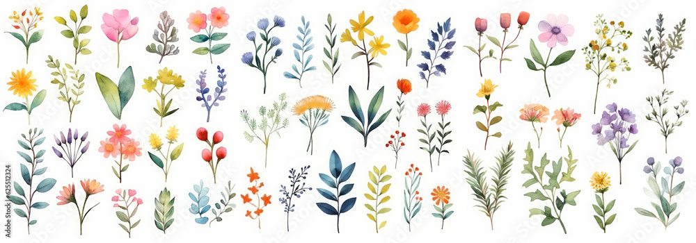 Set watercolor wild flowers leaves and grass. Generative AI