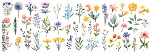 Collection of watercolor elements of flowers, leaves, plants on a white background. Generative AI