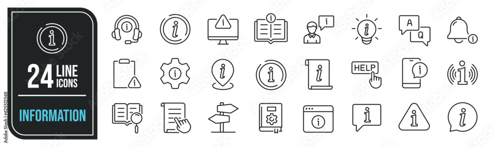 Information simple minimal thin line icons. Related guide, instruction, manual, guidebook. Editable stroke. Vector illustration.