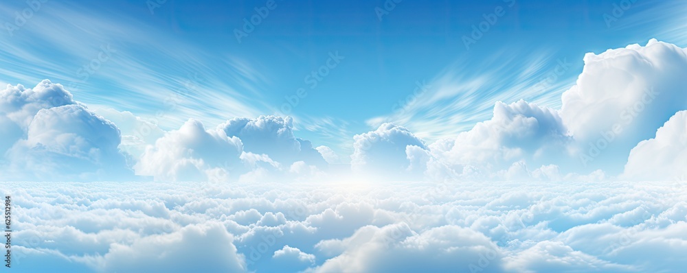 White 3D clouds on sky with blue background, panorama. Generative Ai.