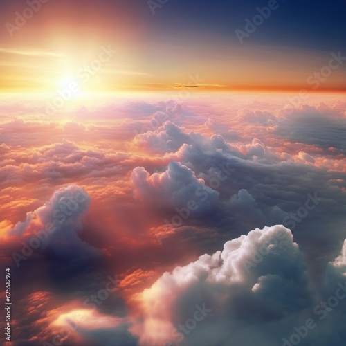 Big clouds on sky with sunset light and falling sun. Generative Ai.