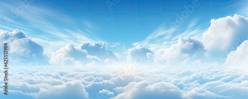 White 3D clouds on sky with blue background, panorama. Generative Ai.