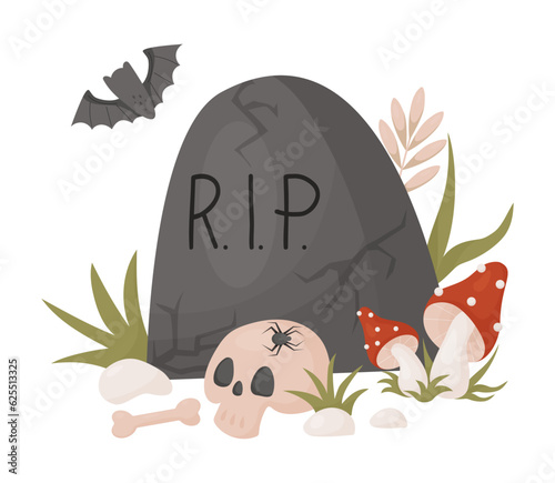 Grave headstone with skull, bones, fly agaric mushrooms and bat. Vector illustration in cartoon style. Creepy graveyard stone headstone and death.