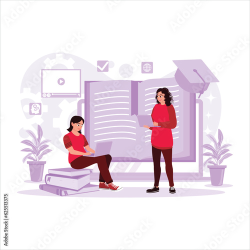 Women are participating in e-learning and online webinars. Digital online education and lessons concept. Trend Modern vector flat illustration.