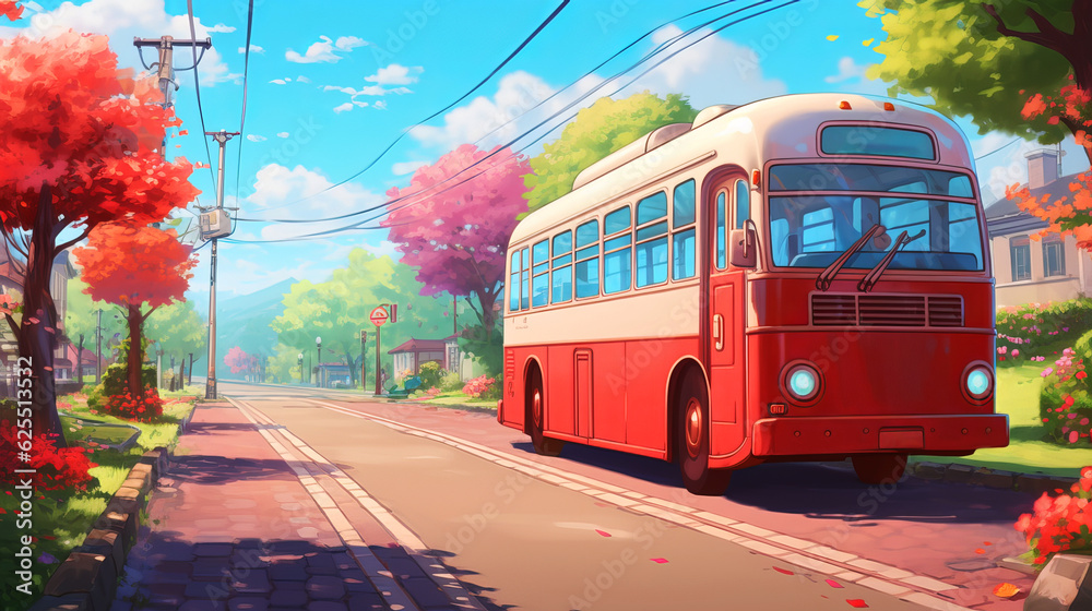 Fototapeta premium Cartoon, anime style of a orange car in the day, epic wallpaper. Generative ai