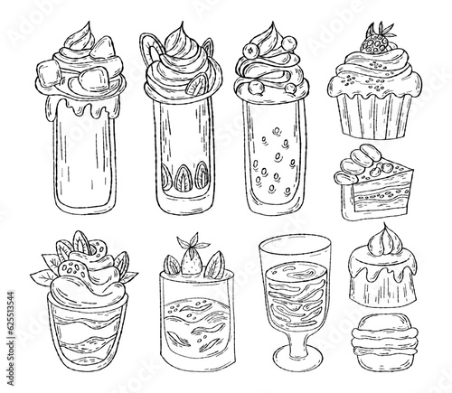 Collection outline sweet food, desserts, cake, cookie, muffin, pastries and and milk and cream smoothies in glasses with berries. Vector illustration. Isolated hand drawings.