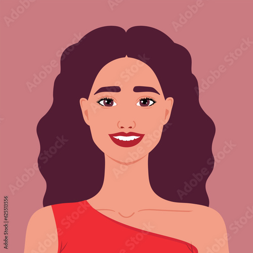 Beautiful smiling woman in red dress. Portrait or an avatar of a pretty and cheerful female. Vector illustration