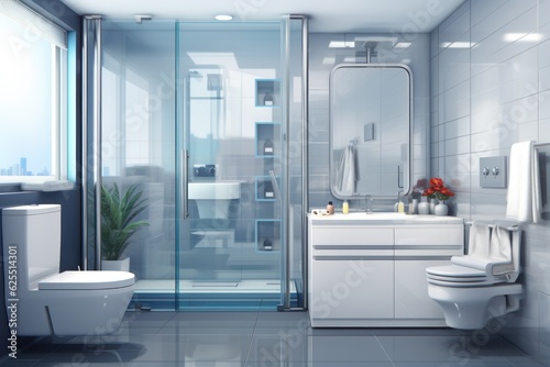 Vector illustration of modern bathroom interior with toilet  bathtub and shower cabin. Vector illustration.