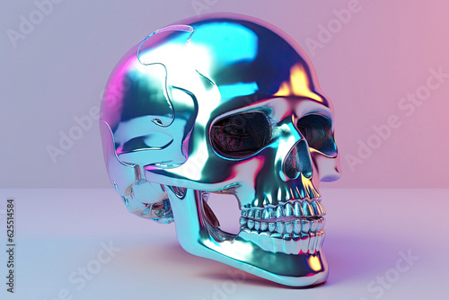 Holographic 3D skull on gradient pastel background