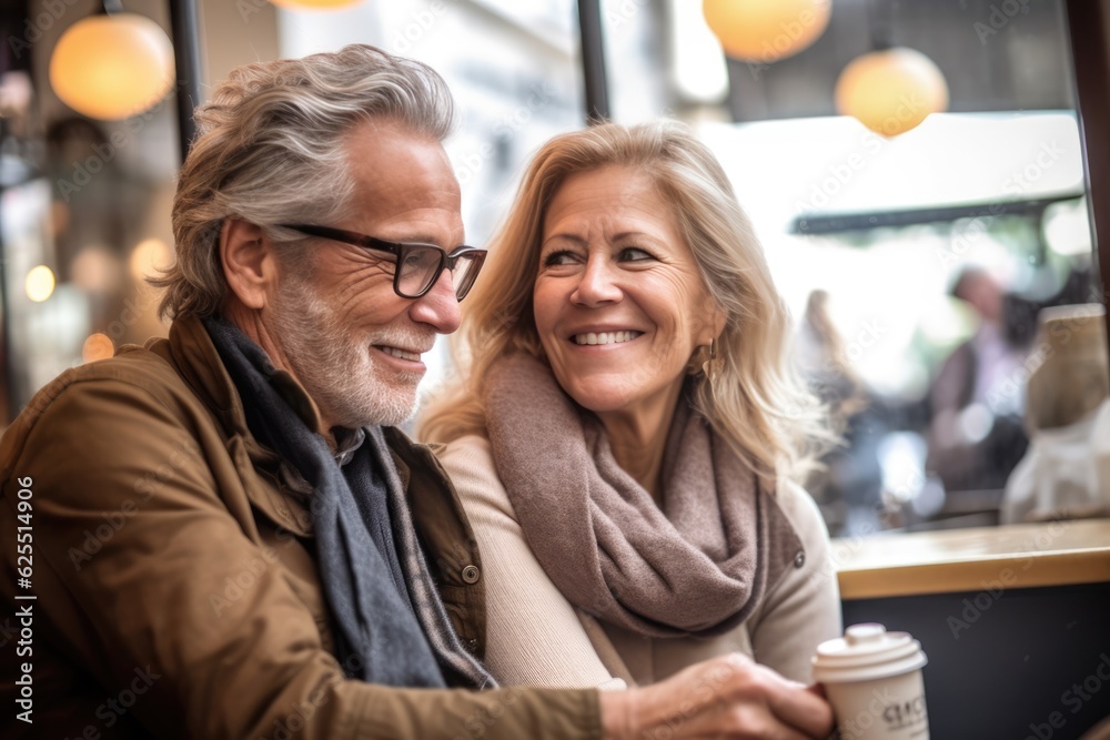 Middle age couple enjoying dating time in cafe Middle age couple enjoying dating time in cafe