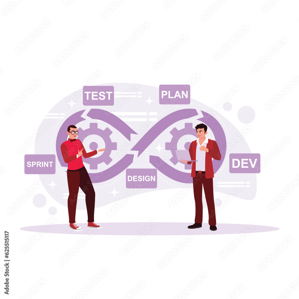 Software development process by two employees. Test concept, plan, design, dev, and sprint. Trend Modern vector flat illustration.