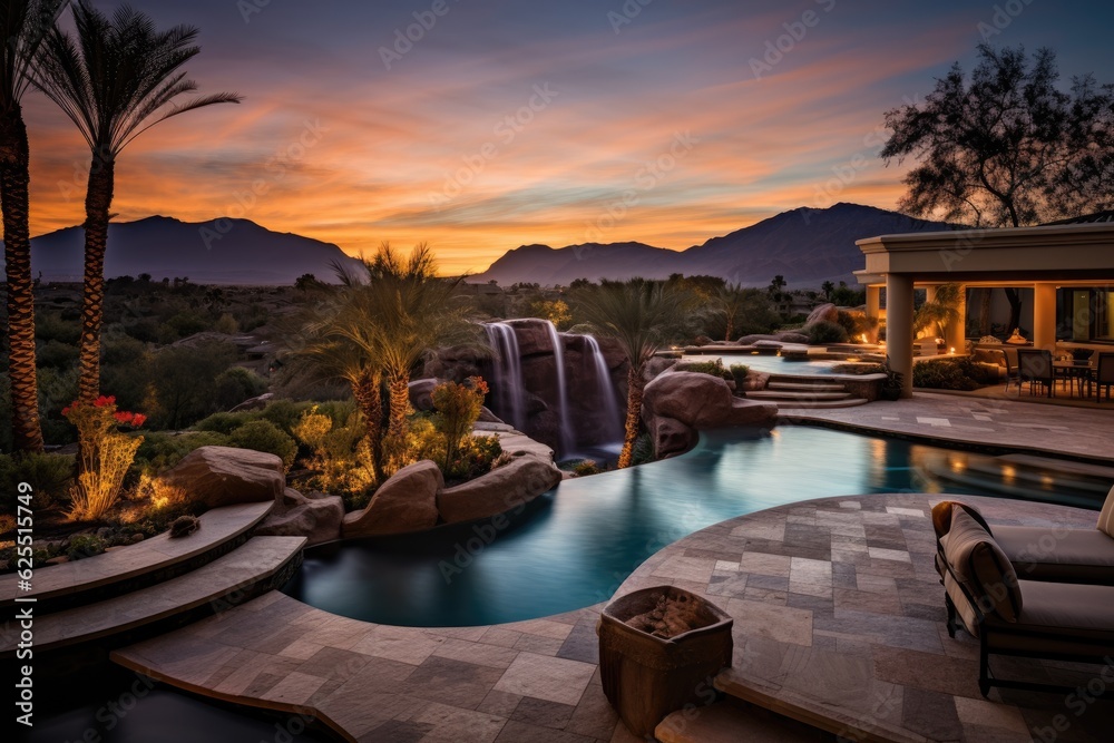 Fototapeta premium An exquisite backyard featuring stunning mountain vistas during sunset.