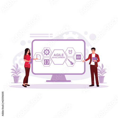 Male and female developers are doing business agile development software coding on screen. Trend Modern vector flat illustration.