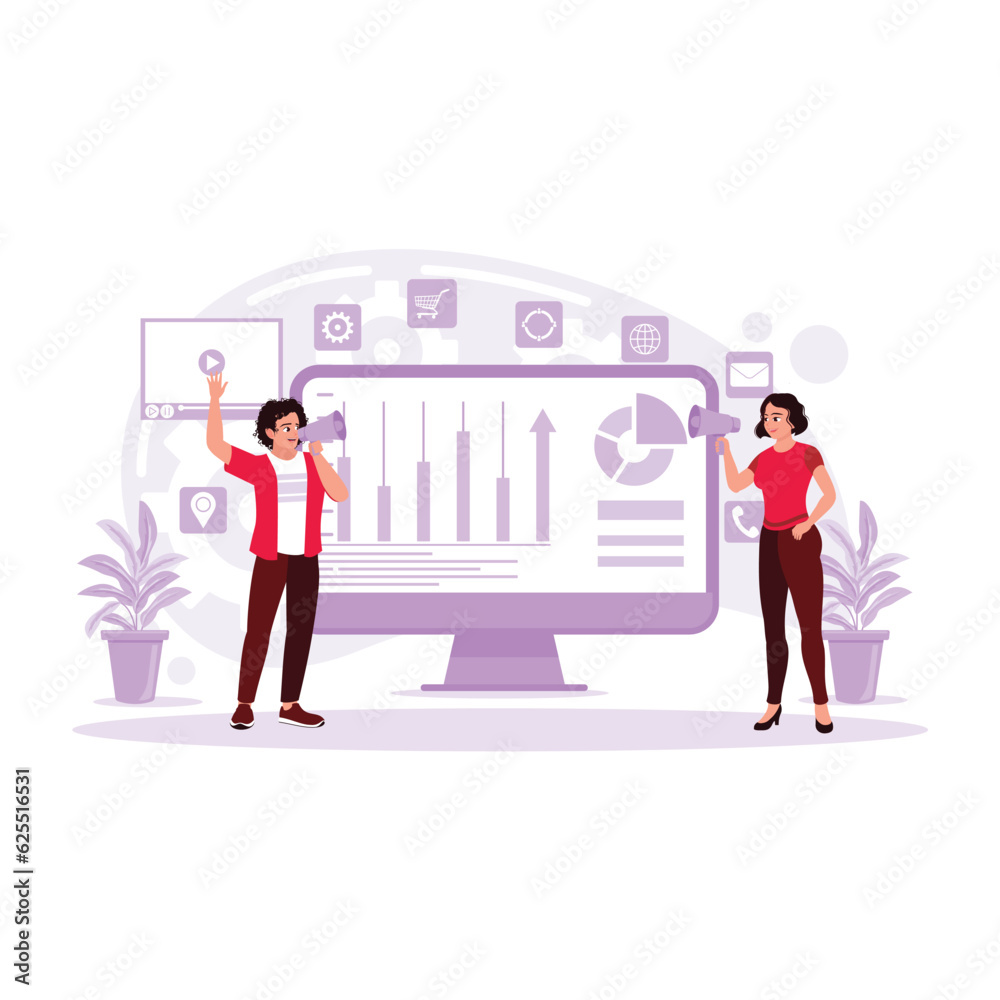 Obraz premium Digital marketing team using a megaphone and analyzing investment return. Digital marketing concept. Trend Modern vector flat illustration.