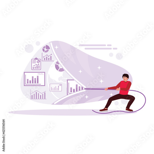 The entrepreneur tried to pull earlier with a strong and illustrated business concept. Trend Modern vector flat illustration.