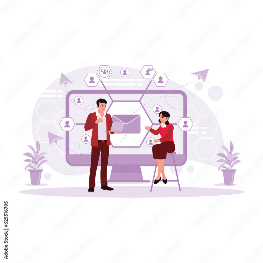 The marketing team checks emails and sms from the client list. Direct selling concept in business. Trend Modern vector flat illustration.