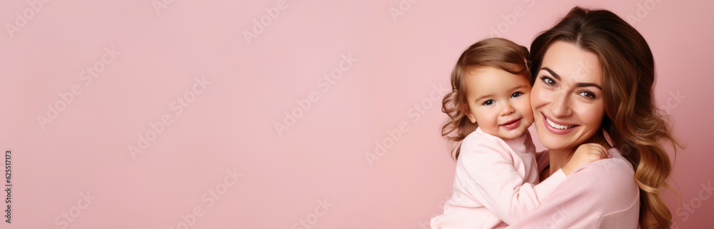 A mother hugs her little daughter, mother's day, pink background, copy space, Generative AI A mother hugs her little daughter, mother's day, pink background, copy space, Generative AI