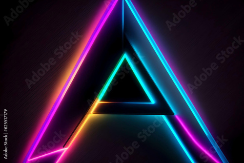triangle shape with reflection colorful neon light on dark background. AI Generated.