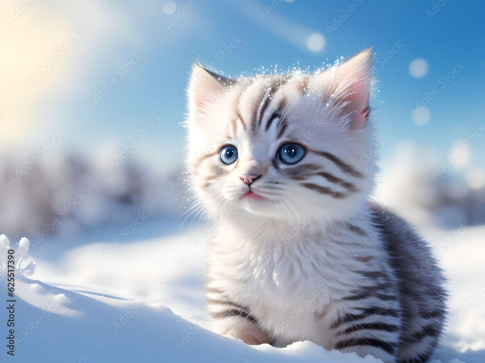 cute kitten on snow  over winter forest on day noon light background. AI Generated.