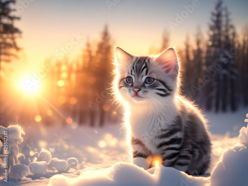 cute kitten siting on snow over winter flower field and forest sunset warm light bokeh background. AI Generated.