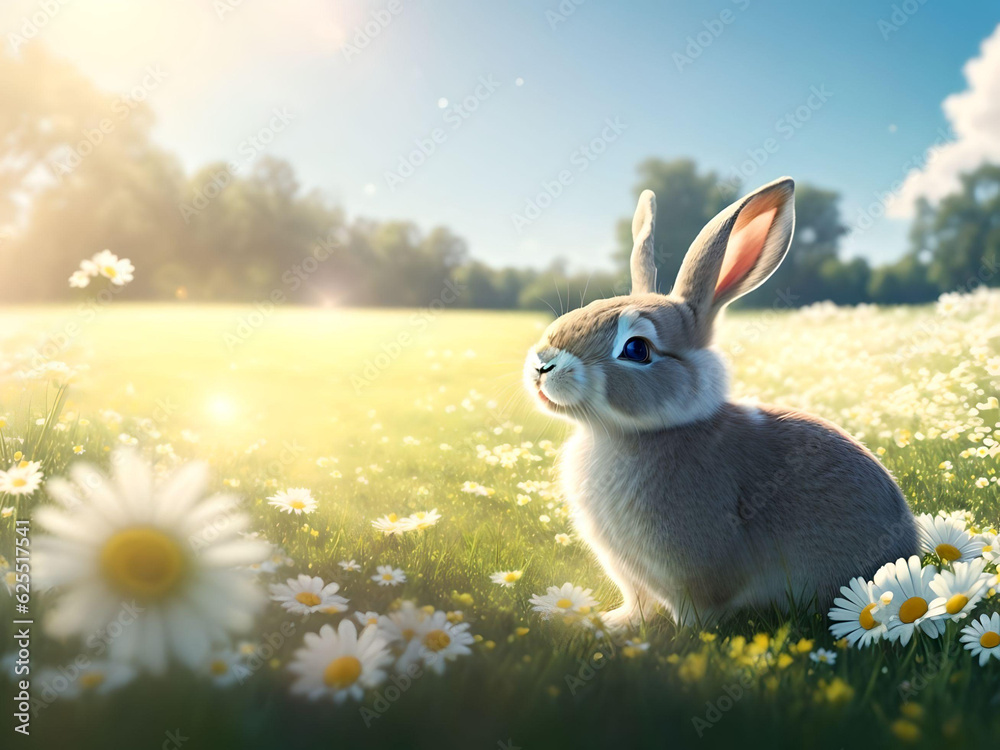 cute bunny on the meadow over grass flower field background. AI ...