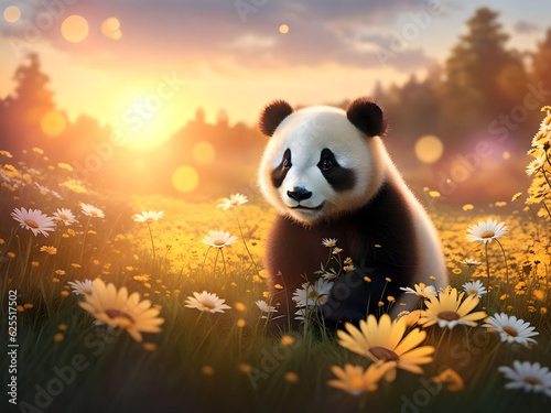 cute baby panda siting  on grass flower field over sunset warm light bokeh background. AI Generated.
