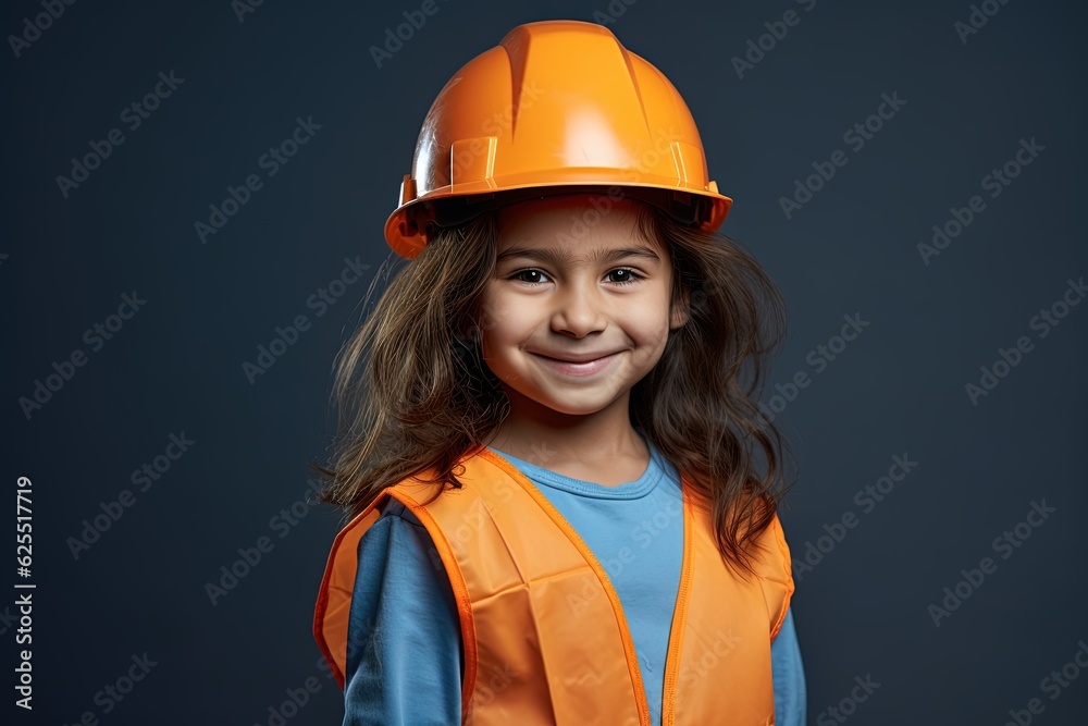 Portrait of a smiling little girl in a construction helmet.Generative Ai Portrait of a smiling little girl in a construction helmet.Generative Ai