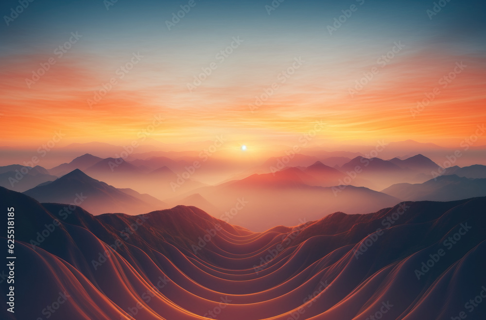 sunset over mountains with abstract wavy clouds