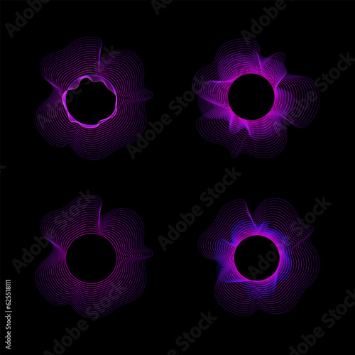 Circle of sound waves. Neon round music sound wave for equalizer. Radial sound wave curve with light particles. Clipart collection of colorful radio frequency sound lines. Vector illustration.