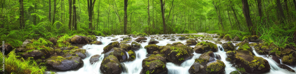 Waterfall in the forest, water flows between stones, panorama
Waterfall in the forest, water flows between stones, panorama