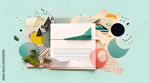 Art style collage featuring the concept of journaling. The therapeutic process of expressing thoughts and emotions on paper, providing a window into self-reflection and mindfulness. Generative AI photo