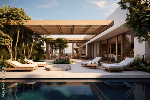 A high end outdoor space featuring a swimming pool