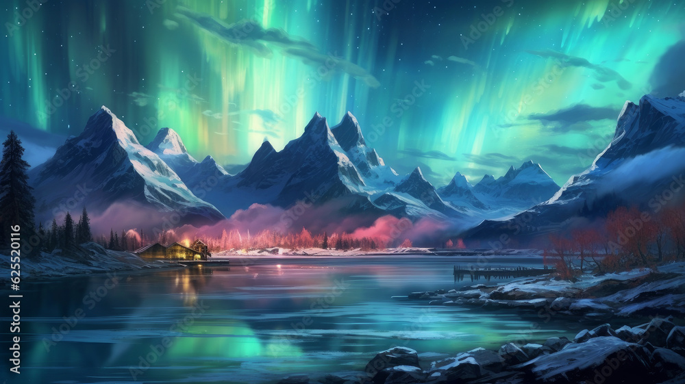northern lights over the city in the mountains