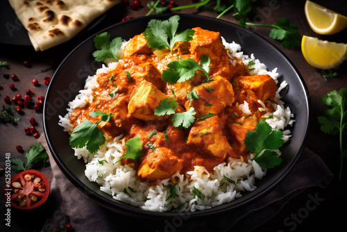 indian rice traditional masala chicken background dark meat asian hot sauce. Generative AI.