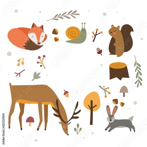 autumn illustration fox deer beaver and leaves and acorns on white background