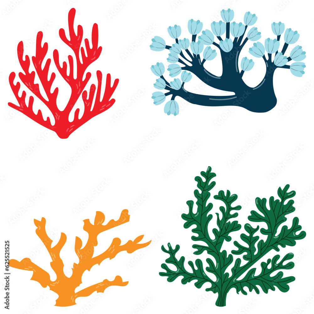 Fototapeta premium Cartoon corals set isolated on white background. Vecor illustration for your design, posters, textile, wedding invitation, business products. Underwater elements
