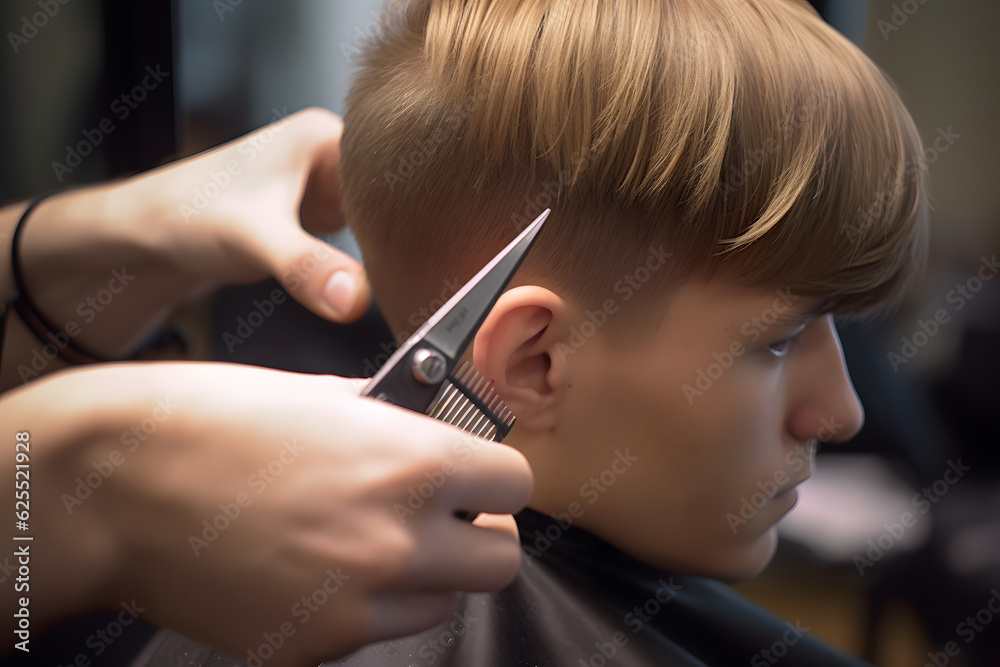 Obraz premium A hairdresser expertly cutting and shaping a client's hair, paying attention to precision and detail for a perfect hairstyle. Generative AI