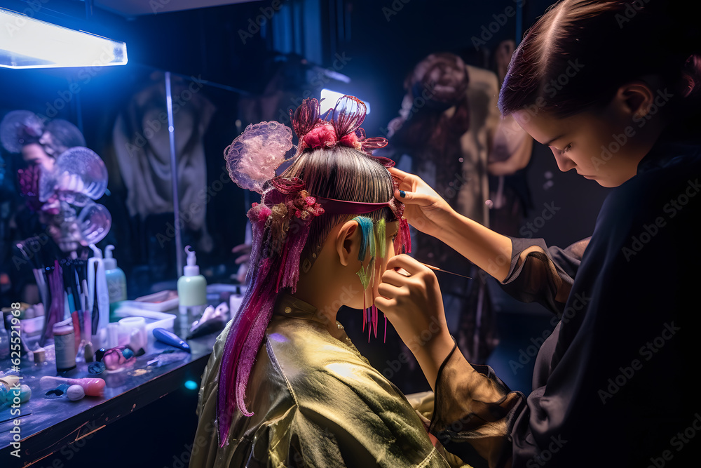 A hairdresser working backstage at a fashion show, collaborating with a ...