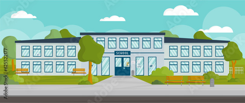 Illustration of a school - Editable vector file - School building and tree garden - Blue sky - Back to school - Classroom photo