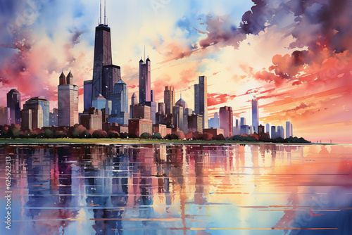 A vibrant watercolor painting of a cityscape with the ozone layer enveloping the skyline Generative AI © Наталья Евтехова