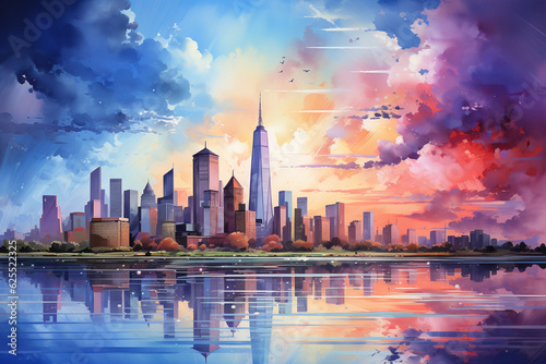 A vibrant watercolor painting of a cityscape with the ozone layer enveloping the skyline Generative AI