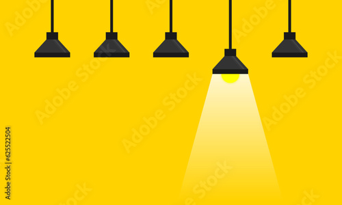 Vector illustration of hanging glowing lamp on orange wall background. 